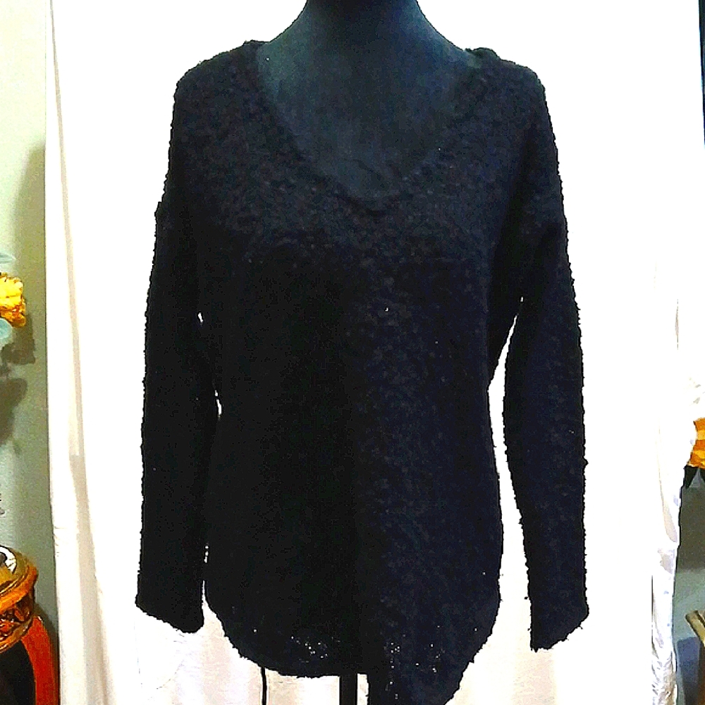 Jamison Black Merino Wool Fuzzy Lacy Knit V-Neck Sweater M 🖤✨